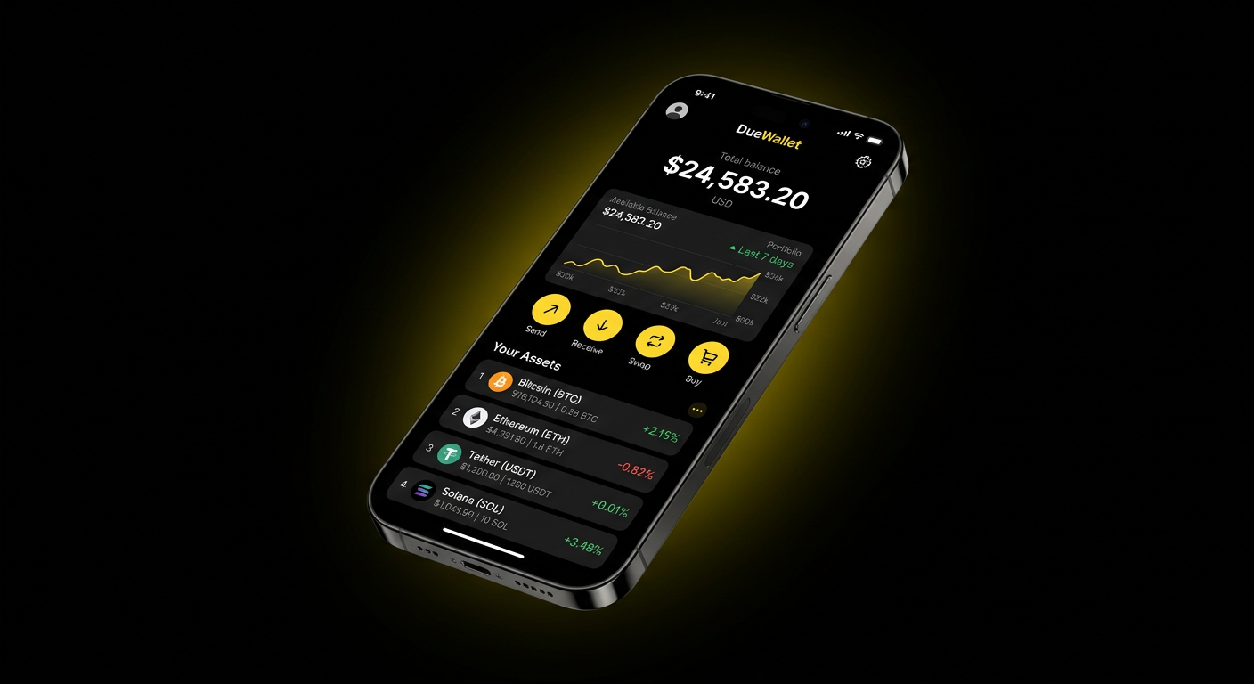 DueWallet app showing a total balance of $24,583.20 with Bitcoin, Ethereum, Tether and Solana assets